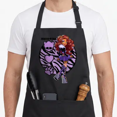 Clawdeen monster high apron - Cartoon girl next to zebra circle with skull, heart, paw print, and purple black red — shown on a black cotton canvas apron against a white background