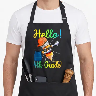 4th hello apron - Cartoon pencil dabbing with sunglasses and blue backpack under Hello 4th Grade text — shown on a black cotton canvas apron against a white background