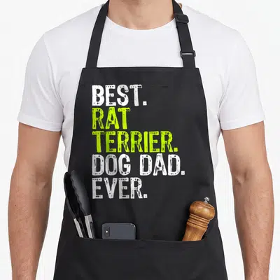 Terrier father day apron - Stacked white and lime green text reading BEST RAT TERRIER DOG DAD EVER — shown on a black cotton canvas apron against a white background