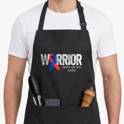 Month congenital heart defect apron - Distressed white warrior text with red and blue awareness ribbon on black apron — shown on a black cotton canvas apron against a white background
