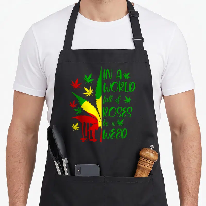 Weed rose apron - Tri-color cannabis leaf with dripping red paint and stacked green text reading IN A WORLD full — shown on a black cotton canvas apron against a white background