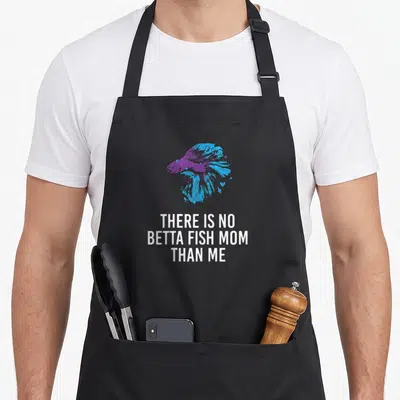 Betta mother's apron - Blue and purple watercolor betta fish above white stacked text reading THERE IS NO BETTA FISH — shown on a black cotton canvas apron against a white background