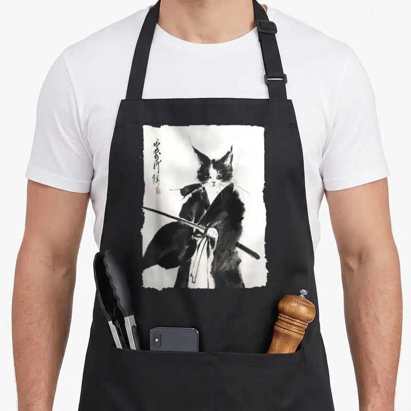 Samurai cat apron - Black and white watercolor cat samurai holding a katana with calligraphy on torn paper background — shown on a black cotton canvas apron against a white background