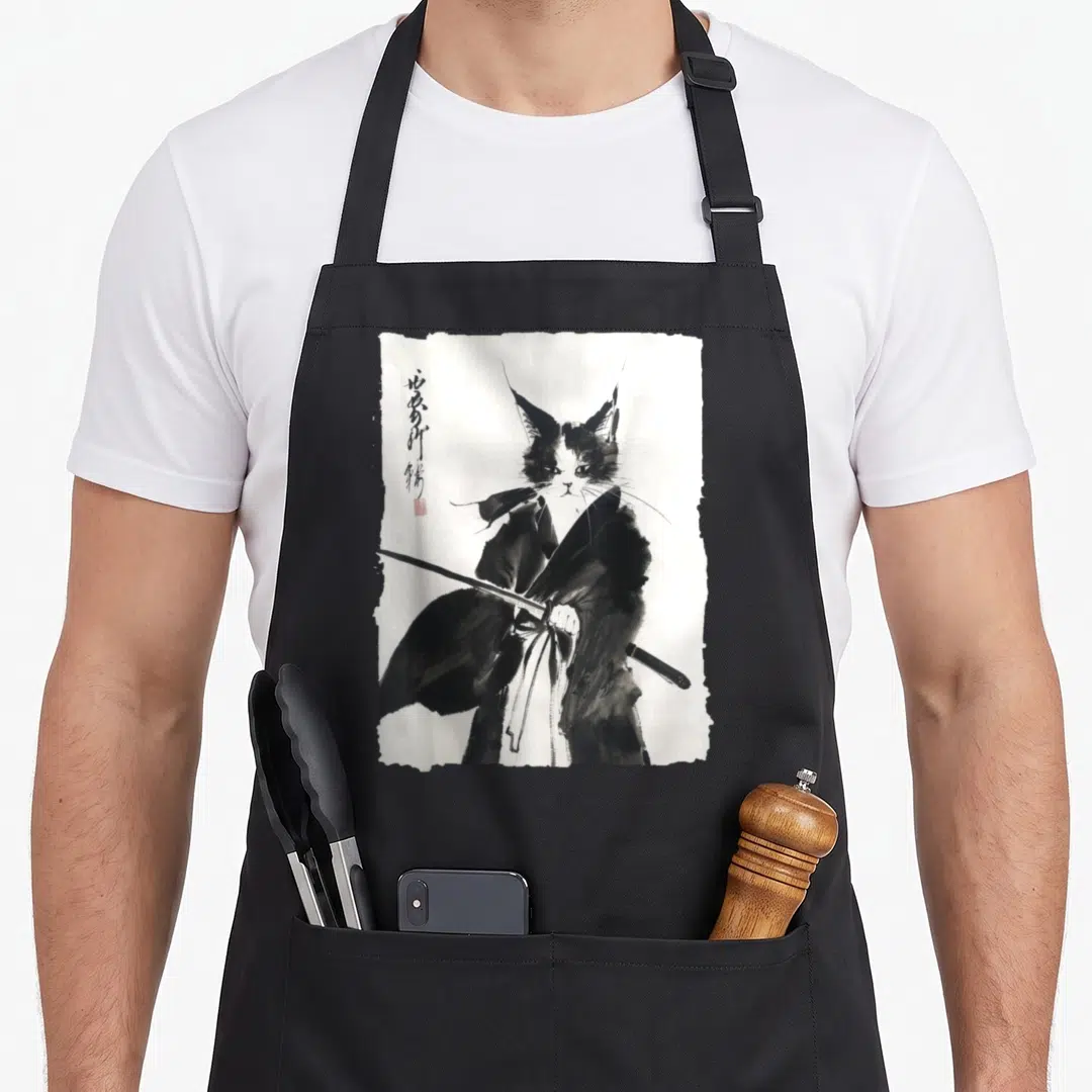 Samurai cat apron - Black and white watercolor cat samurai holding a katana with calligraphy on torn paper background — shown on a black cotton canvas apron against a white background