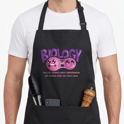 Teaching biology teacher apron - Purple BIOLOGY text above a pink cartoon dividing cell with two lines of text below — shown on a black cotton canvas apron against a white background