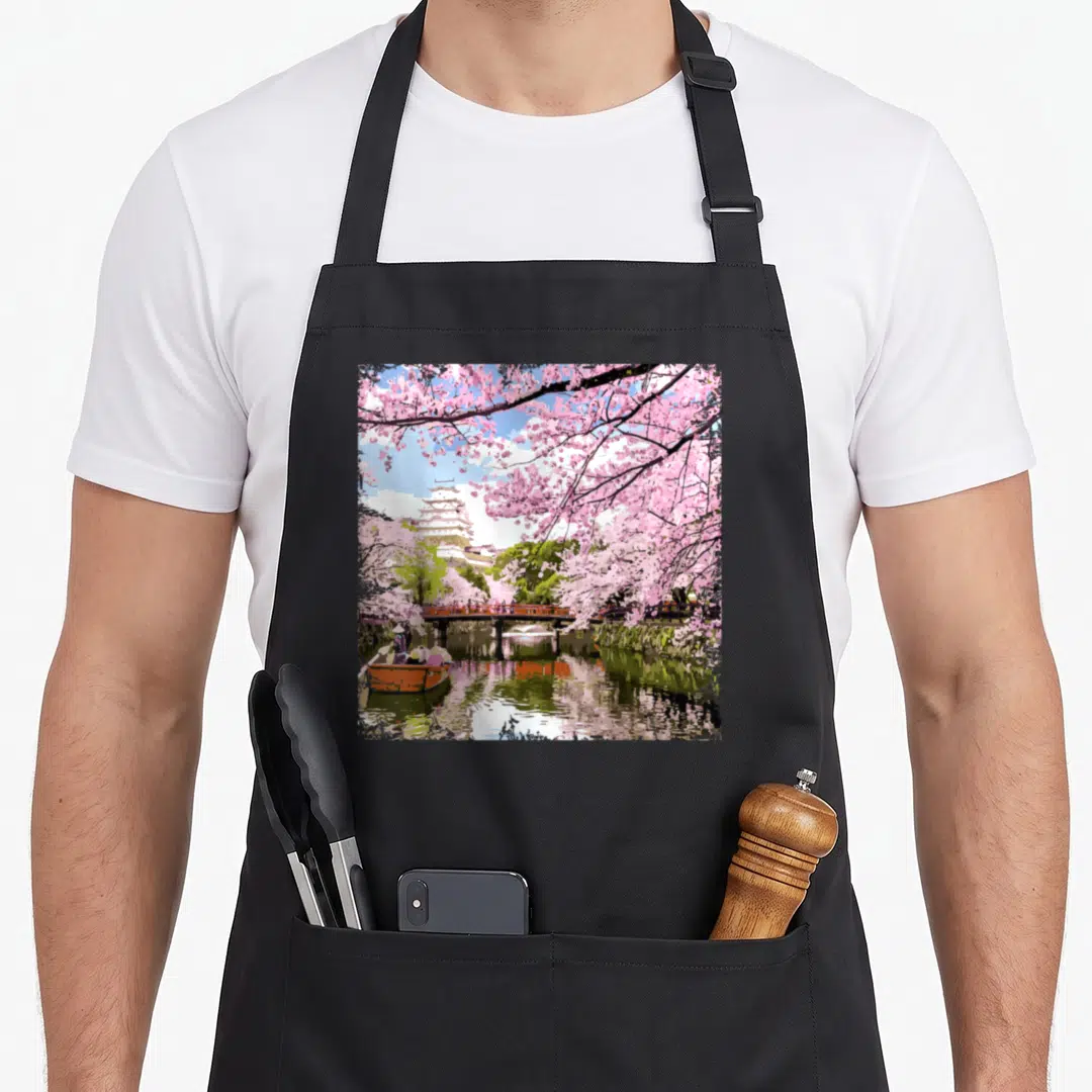 Pride japan apron - Watercolor landscape with pink cherry blossoms, white castle, red bridge, and small boat on river — shown on a black cotton canvas apron against a white background