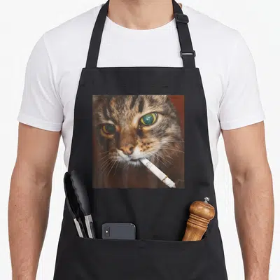 Smoking kitty cat apron - Close-up photo of a brown tabby cat face with a white cigarette in its mouth — shown on a black cotton canvas apron against a white background