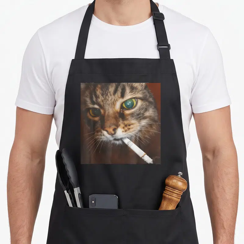 Smoking kitty cat apron - Close-up photo of a brown tabby cat face with a white cigarette in its mouth — shown on a black cotton canvas apron against a white background