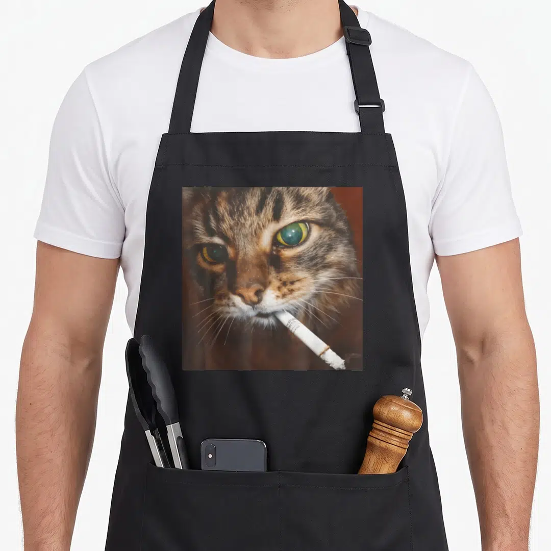 Smoking kitty cat apron - Close-up photo of a brown tabby cat face with a white cigarette in its mouth — shown on a black cotton canvas apron against a white background