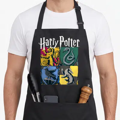 Funny box apron - Harry Potter text above four house crests showing a lion, snake, raven, and badger in cartoon style — shown on a black cotton canvas apron against a white background