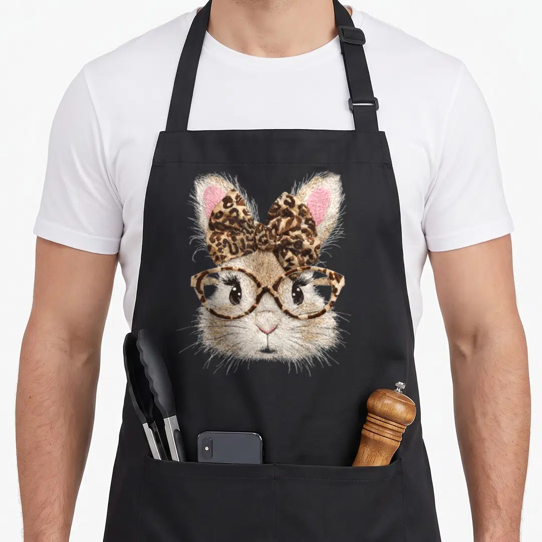 Bandana easter bunny aprons - Realistic rabbit head wearing leopard glasses and bow with brown tan pink fur — shown on a black cotton canvas apron against a white background