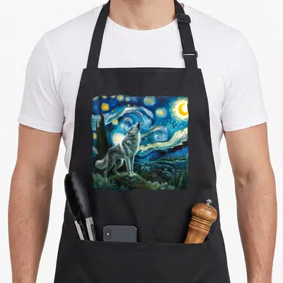 Wolf love rabbits apron - Realistic wolf howling on a hill under a swirling blue starry night sky with a crescent moon — shown on a black cotton canvas apron against a white background