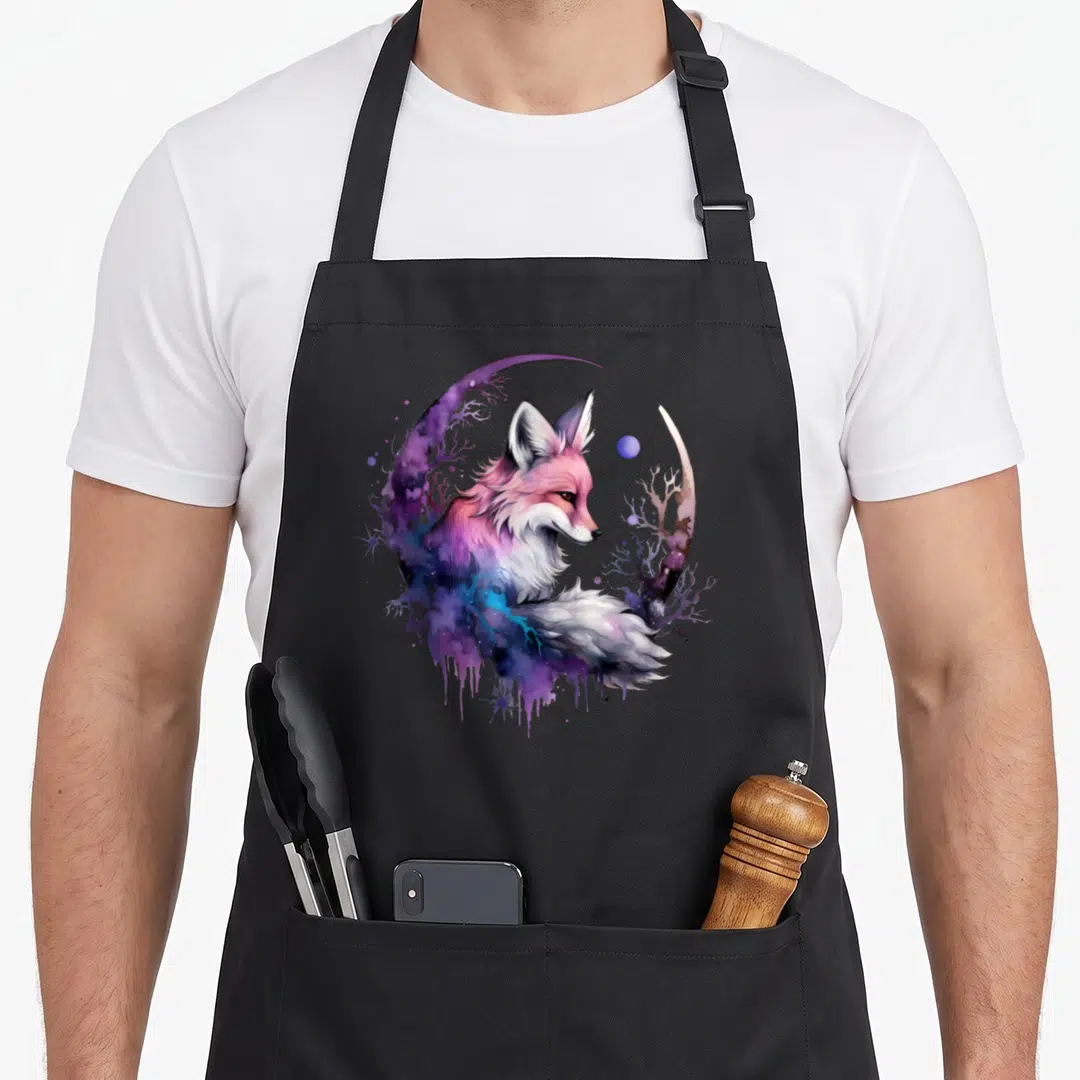 Fox colorful aprons - Watercolor fox in purple pink blue white with crescent moon and branches — shown on a black cotton canvas apron against a white background