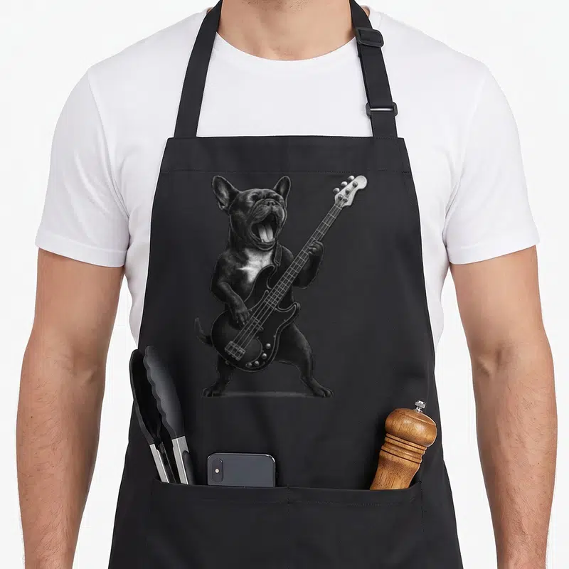 Playing french bulldog apron - Realistic black French Bulldog standing and playing a black bass guitar with mouth open — shown on a black cotton canvas apron against a white background
