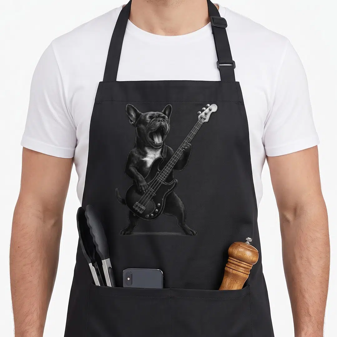 Playing french bulldog apron - Realistic black French Bulldog standing and playing a black bass guitar with mouth open — shown on a black cotton canvas apron against a white background