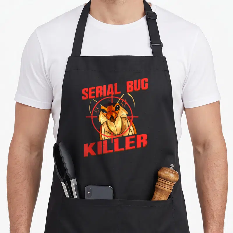 Pest tung apron - Cartoon bug with red crosshair and text SERIAL BUG KILLER — shown on a black cotton canvas apron against a white background