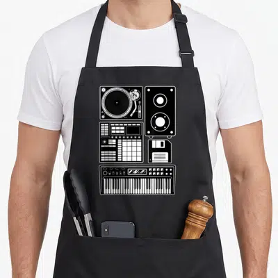 Hip maker apron - Black and white line art grid of turntable, speaker, sampler, floppy disk, and keyboard — shown on a black cotton canvas apron against a white background