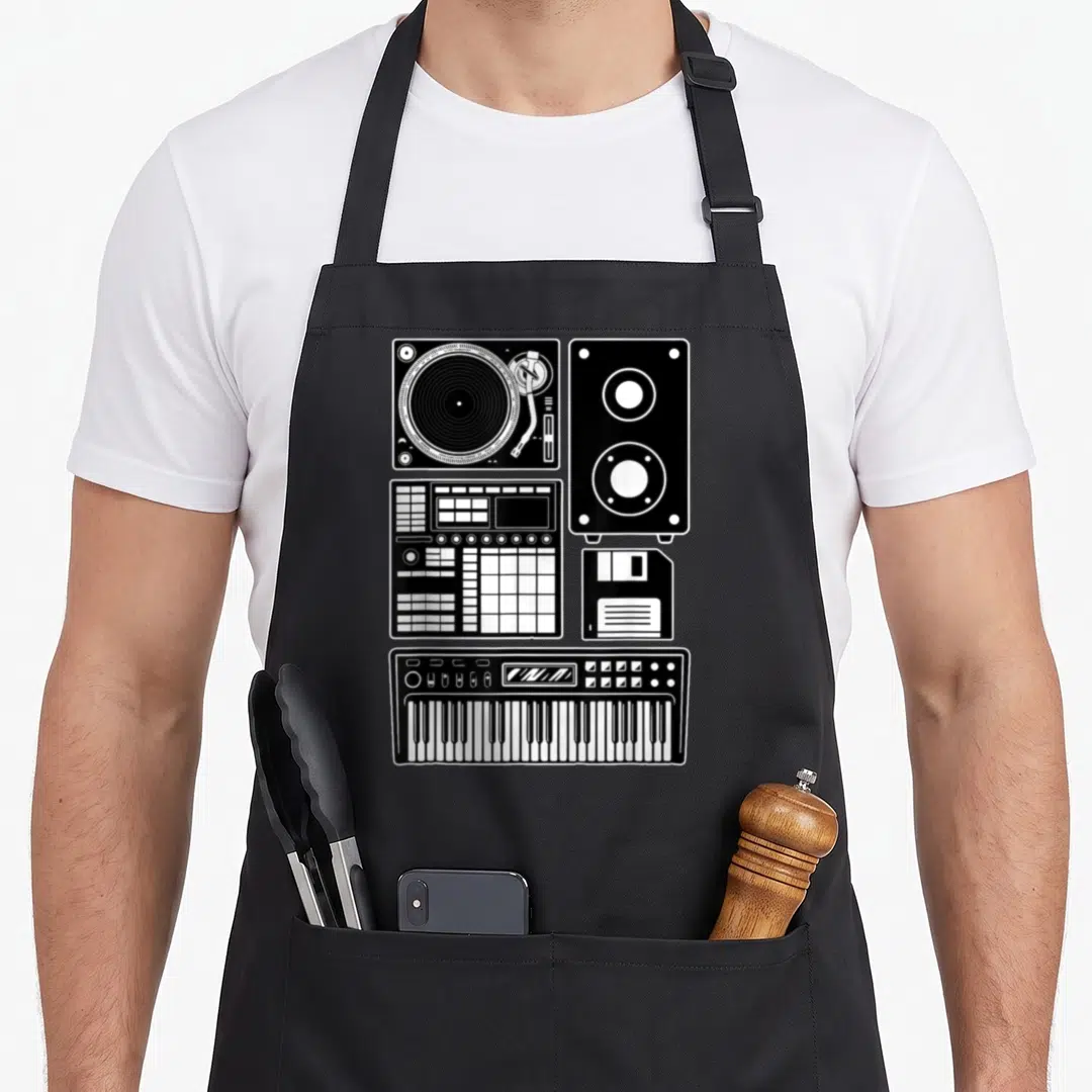 Hip maker apron - Black and white line art grid of turntable, speaker, sampler, floppy disk, and keyboard — shown on a black cotton canvas apron against a white background