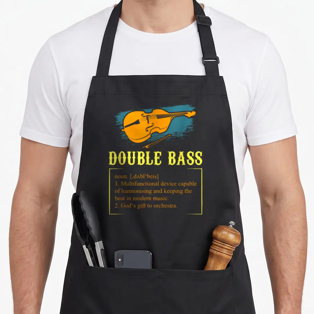 Contrabass double apron - Orange double bass over blue brushstroke with yellow dictionary definition text — shown on a black cotton canvas apron against a white background