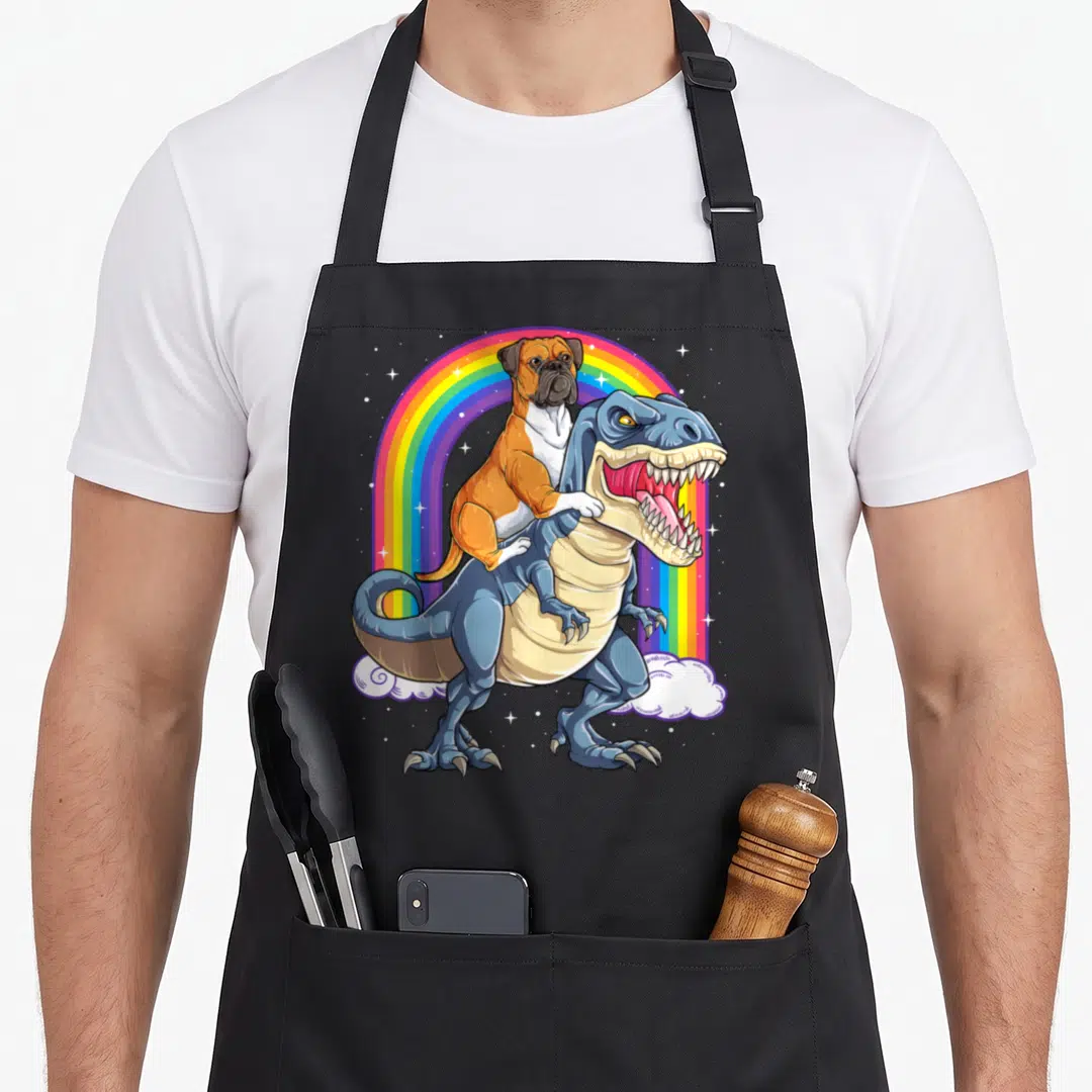 Riding boxer dog apron - Cartoon boxer dog riding blue T-Rex under rainbow with stars — shown on a black cotton canvas apron against a white background