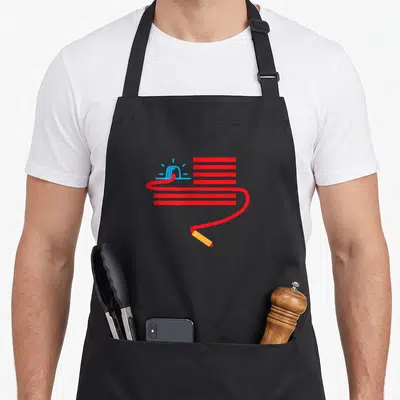 Clever american flag apron - Blue siren and red fuse line forming abstract flag pattern with orange tip — shown on a black cotton canvas apron against a white background
