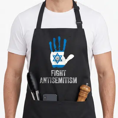 Fight jewish apron - Distressed blue and white handprint with Star of David and stacked text reading FIGHT ANTISEMITISM — shown on a black cotton canvas apron against a white background