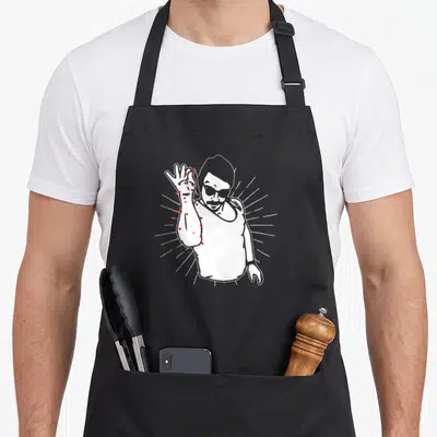 Salt valentine's day apron - White line-art man with sunglasses and floating red and pink hearts — shown on a black cotton canvas apron against a white background