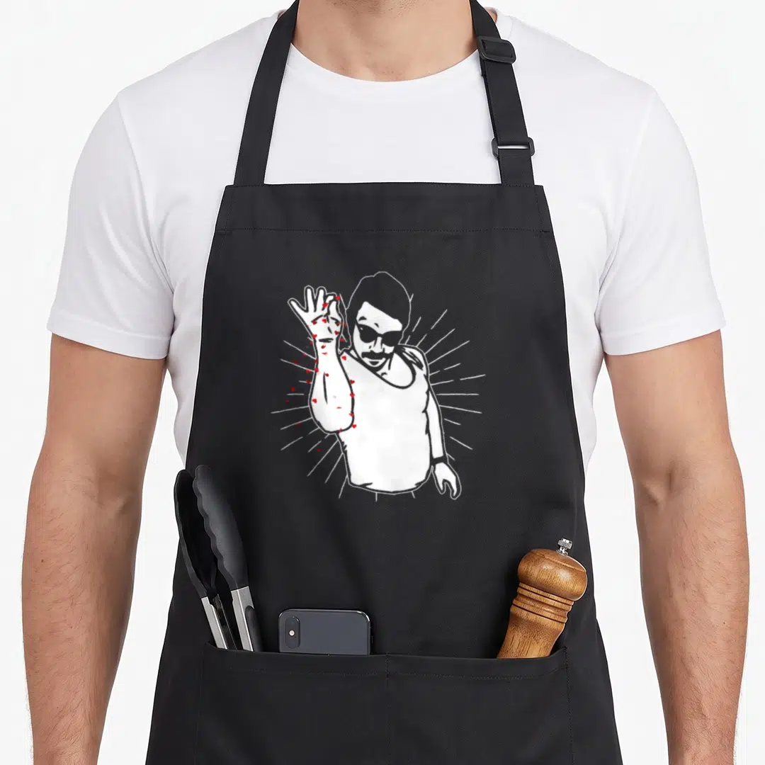 Salt valentine's day apron - White line-art man with sunglasses and floating red and pink hearts — shown on a black cotton canvas apron against a white background