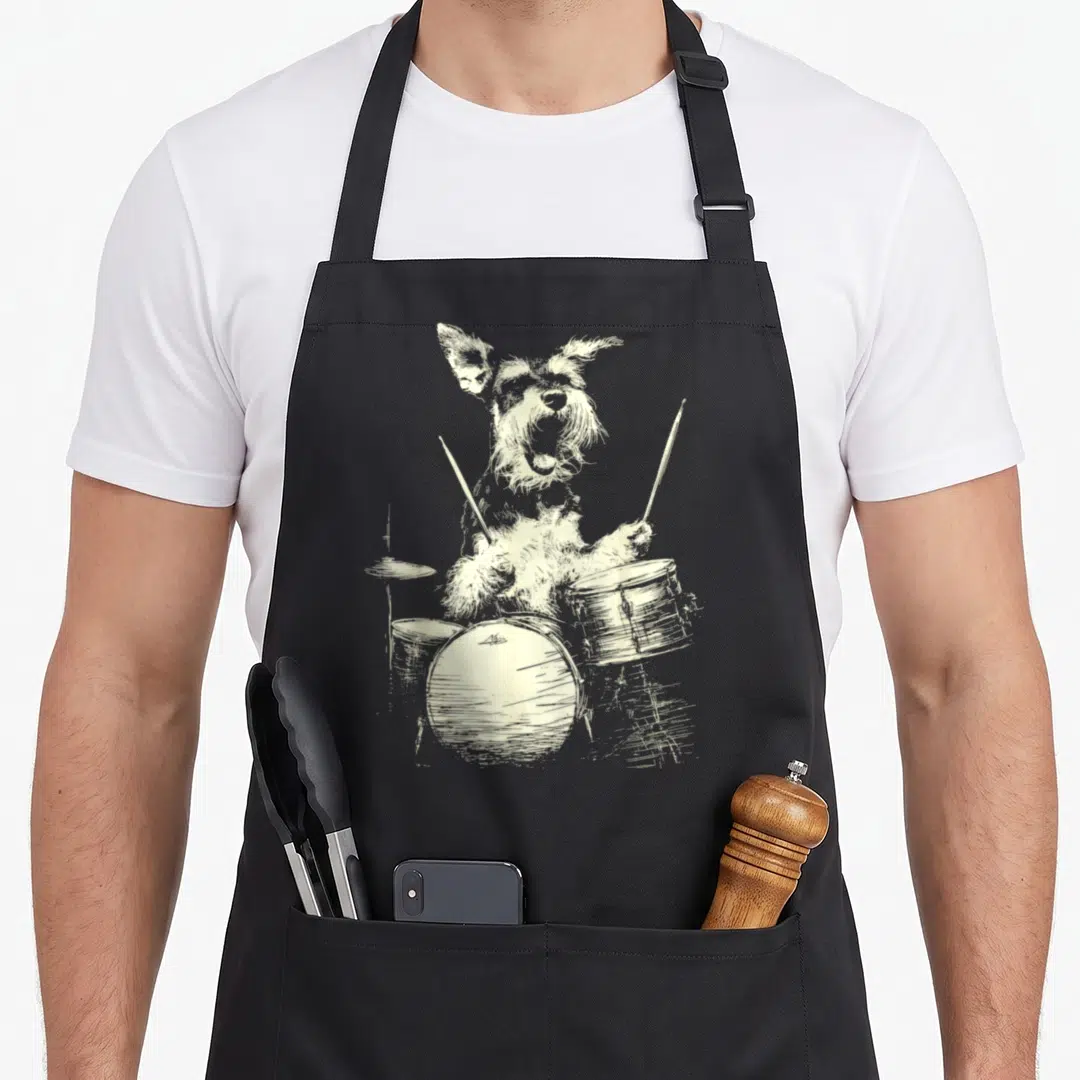 Playing schnauzer apron - Cream line-art schnauzer holding drumsticks behind a drum kit — shown on a black cotton canvas apron against a white background