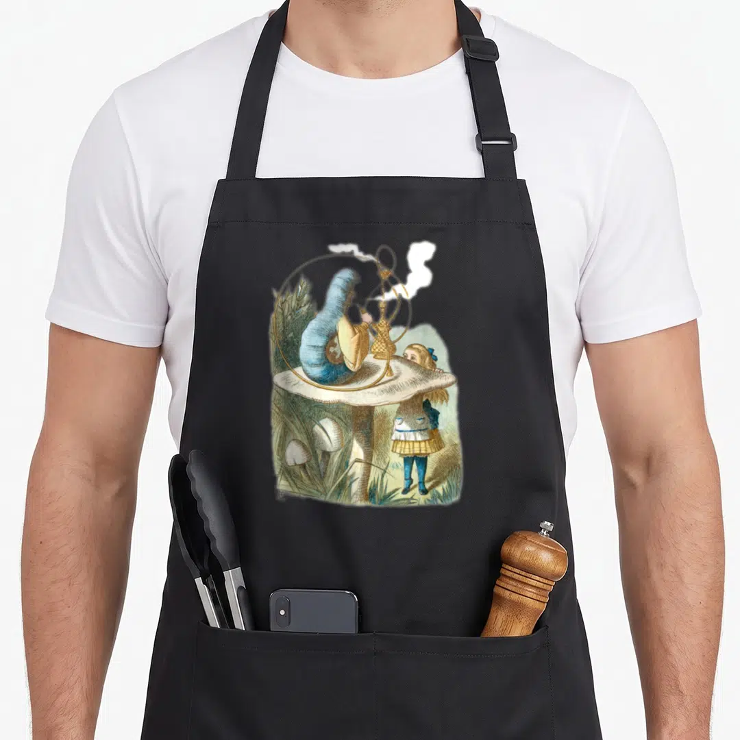 Blue smoking apron - Realistic blue caterpillar on mushroom smoking hookah with Alice standing below in grass — shown on a black cotton canvas apron against a white background