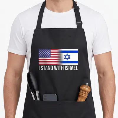 Stand jewish aprons - Merged USA and Israeli flags with I STAND WITH ISRAEL text below — shown on a black cotton canvas apron against a white background