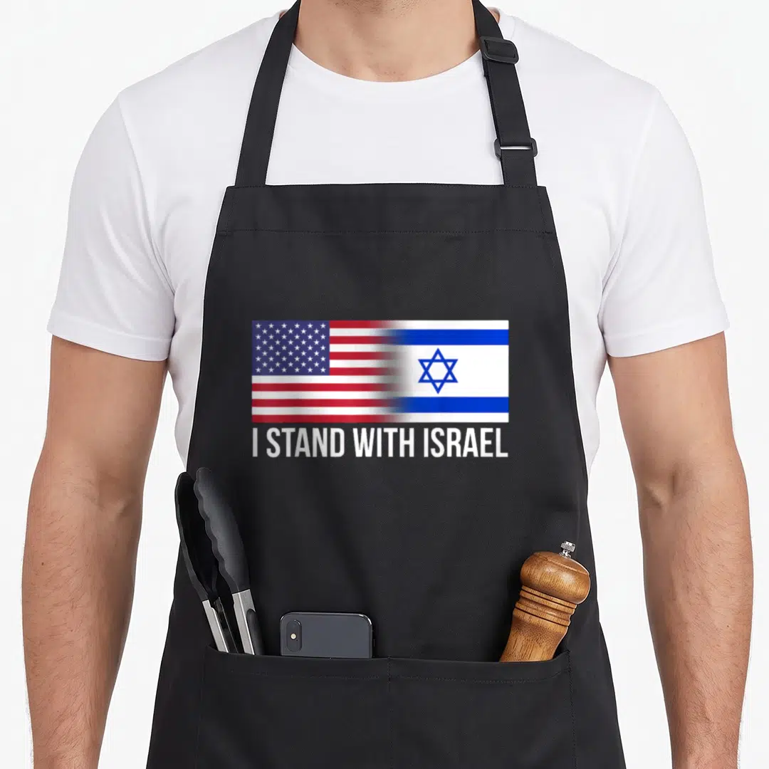 Stand jewish aprons - Merged USA and Israeli flags with I STAND WITH ISRAEL text below — shown on a black cotton canvas apron against a white background