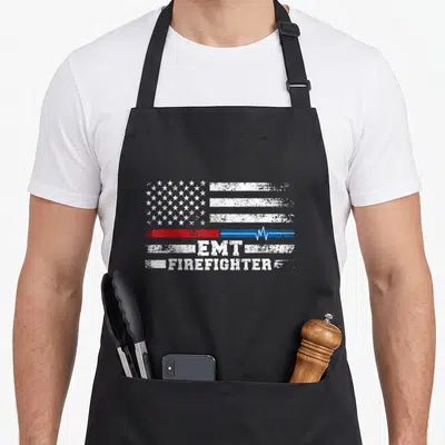 Firefighter american flag apron - Distressed US flag with red blue heartbeat stripe and stacked EMT FIREFIGHTER text — shown on a black cotton canvas apron against a white background