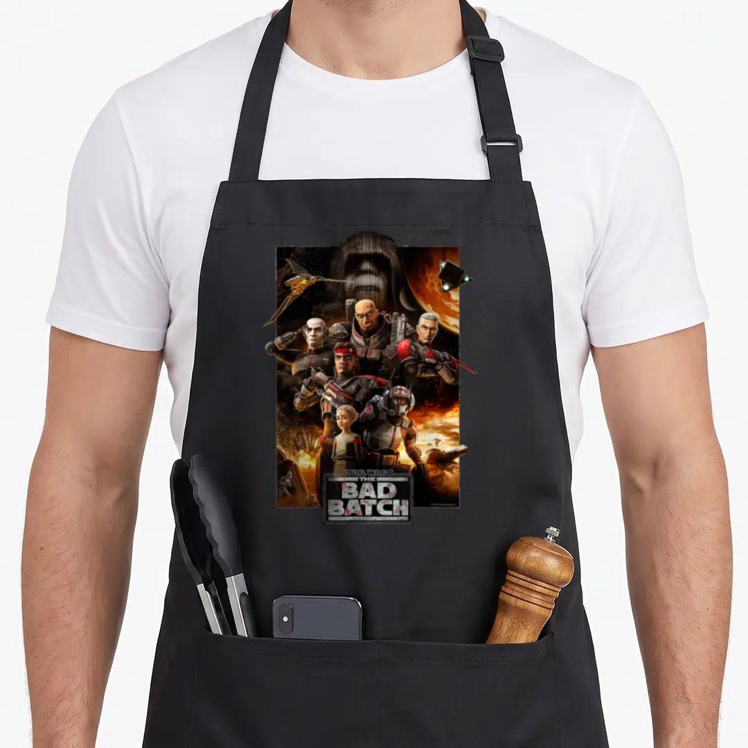 Batch novelty apron - Clone trooper group pyramid with spaceship planet and The Bad Batch logo text — shown on a black cotton canvas apron against a white background