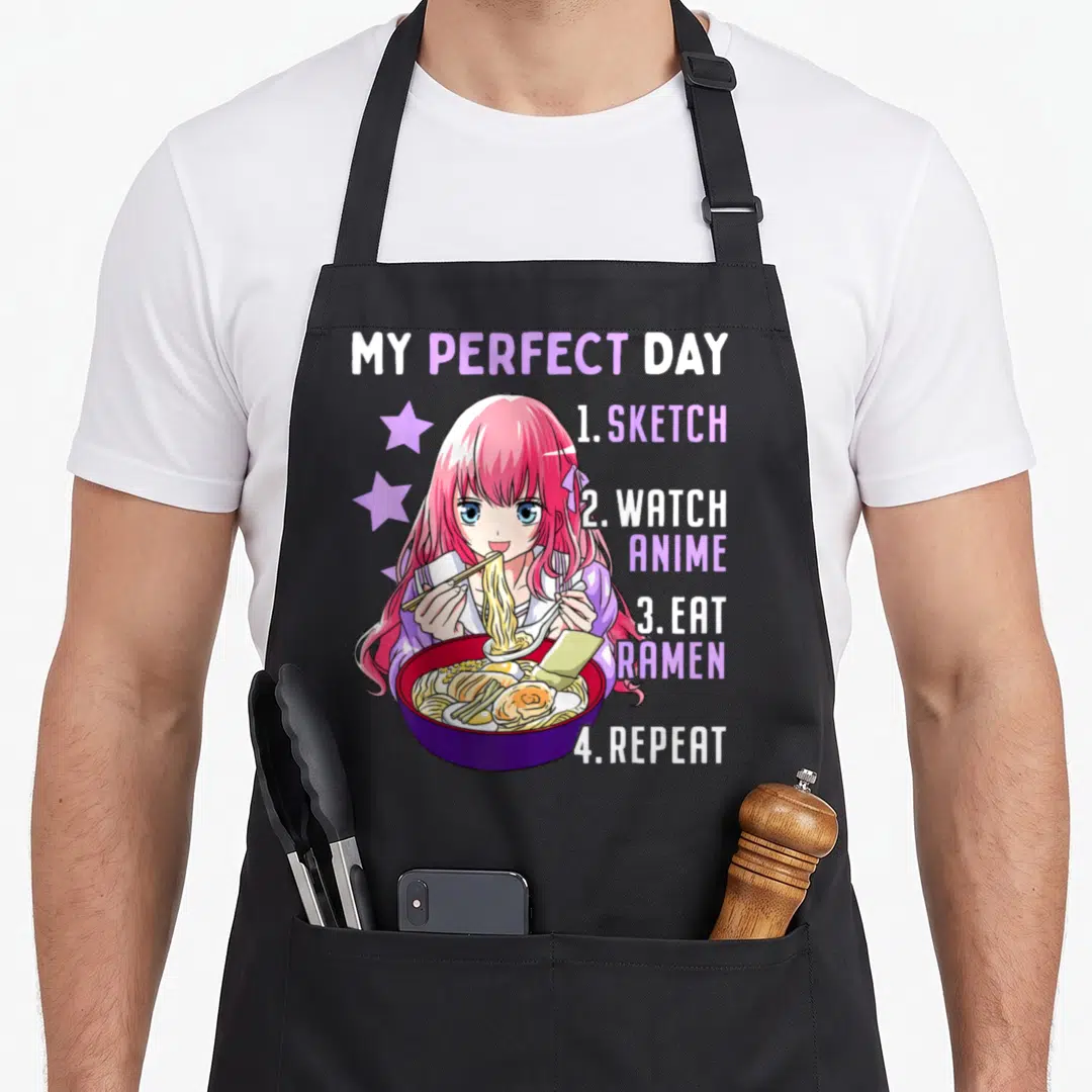 Perfect sketch anime apron - Anime girl eating ramen with My Perfect Day text listing sketch watch eat repeat — shown on a black cotton canvas apron against a white background