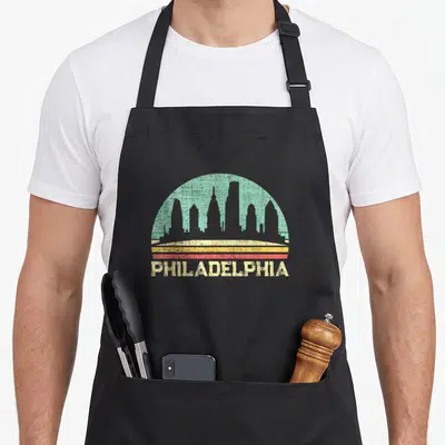 Philadelphia pennsylvania apron - Retro Philadelphia skyline in teal arch with yellow and red stripes and distressed — shown on a black cotton canvas apron against a white background