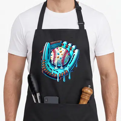 Drip sprinkle apron - Cartoon blue baseball glove holding a white glazed ball with red and blue sprinkles — shown on a black cotton canvas apron against a white background