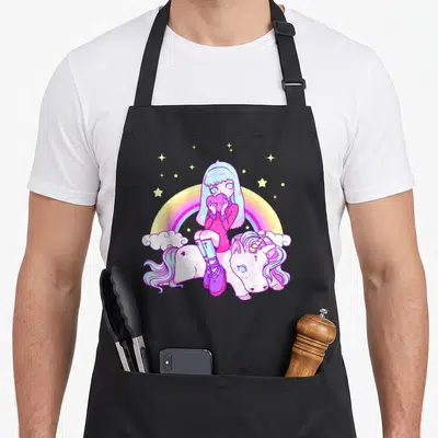 Pastel unicorn goth apron - Cartoon girl holding pink heart on lying unicorn with rainbow and yellow stars — shown on a black cotton canvas apron against a white background