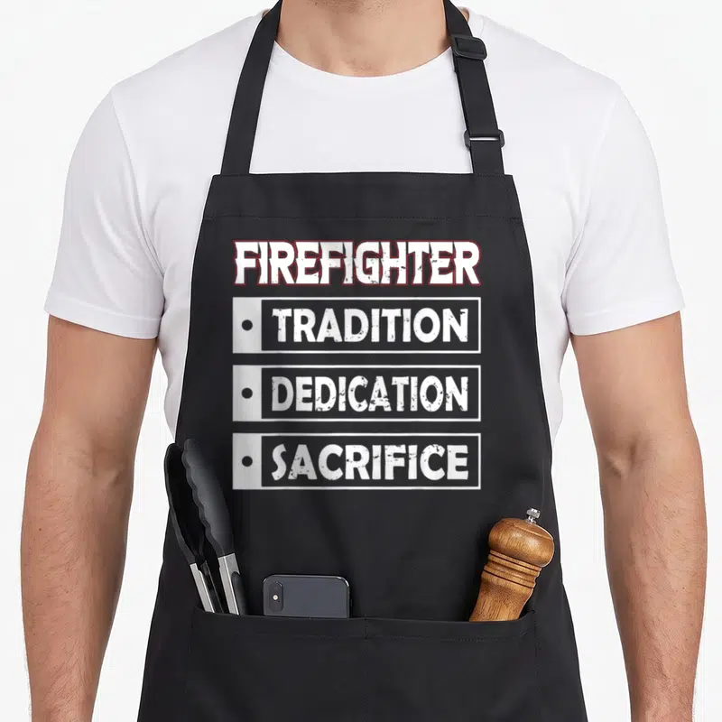 Tradition firefighter apron - Distressed white text reading FIREFIGHTER TRADITION DEDICATION SACRIFICE with red outline — shown on a black cotton canvas apron against a white background