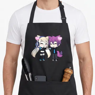 Chibi kawaii apron - Chibi anime couple holding hands with pink hearts and foxtails — shown on a black cotton canvas apron against a white background