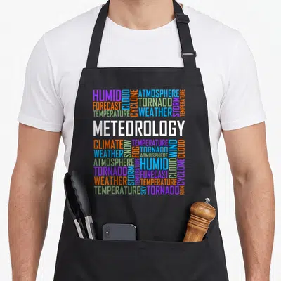 Weather meteor apron - Word cloud of meteorology terms like Tornado and Storm in purple orange blue green and white — shown on a black cotton canvas apron against a white background