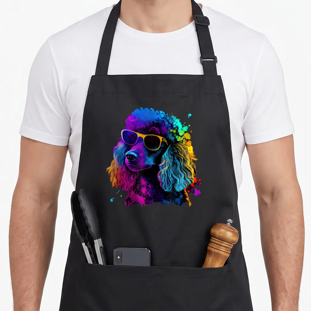 Poodle colorful aprons - Stylized poodle head with sunglasses in blue, purple, pink, yellow, and green watercolor art — shown on a black cotton canvas apron against a white background