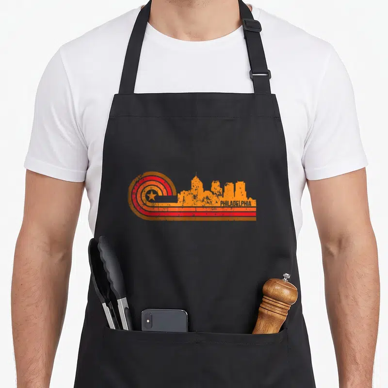 Skyline philadelphia apron - Retro orange skyline silhouette next to a concentric circle with a star and PHILADELPHIA — shown on a black cotton canvas apron against a white background