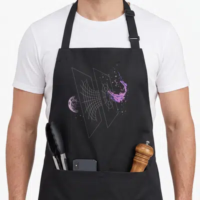 Wormhole nerd apron - Line art of intersecting planes and grid with purple planet and stars — shown on a black cotton canvas apron against a white background