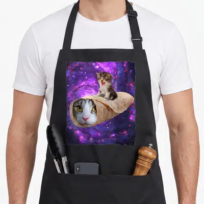 Burrito space cat apron - Cat face in tortilla with yawning kitten on top against purple blue galaxy — shown on a black cotton canvas apron against a white background