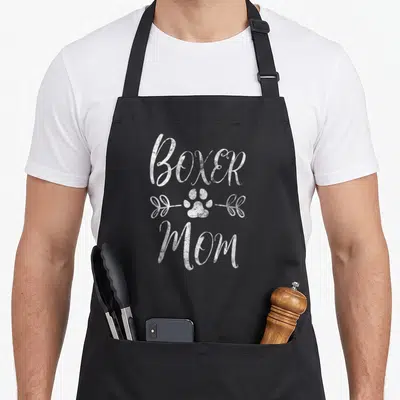 Funny owner boxer dog apron - White distressed BOXER MOM text with paw print and two leafy branches — shown on a black cotton canvas apron against a white background