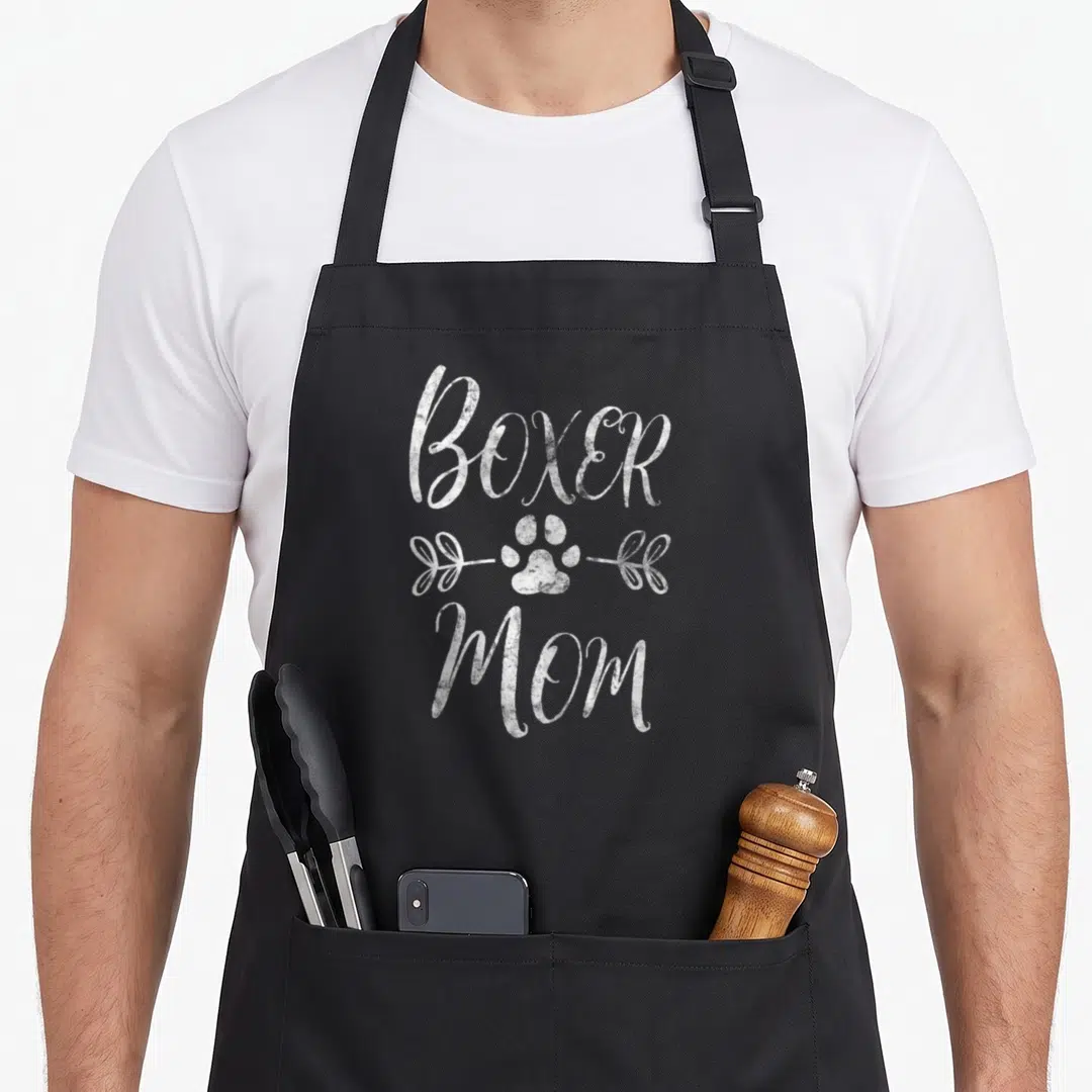 Funny owner boxer dog apron - White distressed BOXER MOM text with paw print and two leafy branches — shown on a black cotton canvas apron against a white background