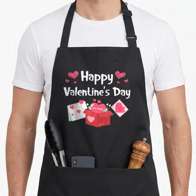Pajama valentine's day apron - Red gift box with BE MINE text, February calendar, and envelope in white red pink cartoon — shown on a black cotton canvas apron against a white background
