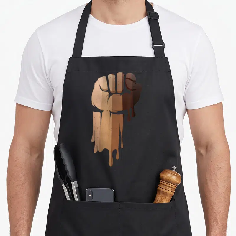 Drippin african apron - Brown and tan cartoon clenched fist with dripping effect — shown on a black cotton canvas apron against a white background