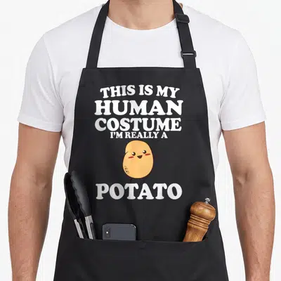 Costume potato halloween apron - Cartoon potato with white text THIS IS MY HUMAN COSTUME I'M REALLY A POTATO on black — shown on a black cotton canvas apron against a white background